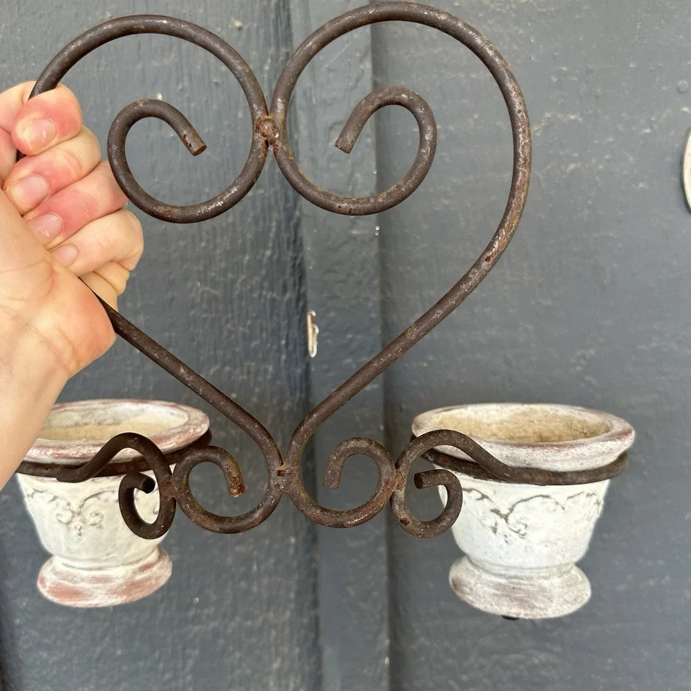 Vintage Iron Double Plant Wall Holder Flower Pot Planter Rustic Heart Scroll